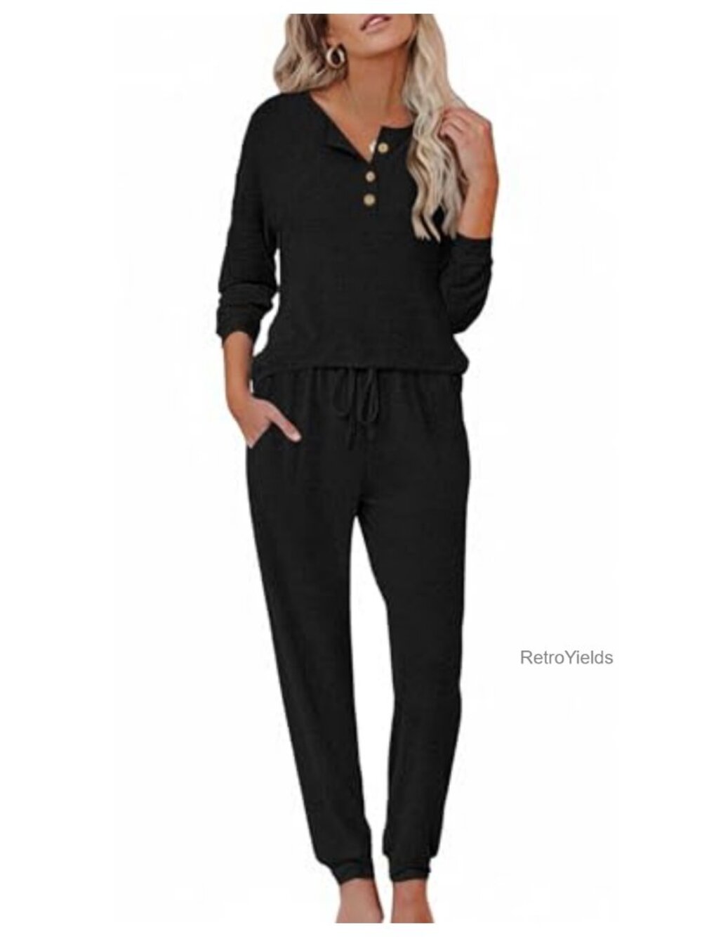 Women's 2 Piece Henley Pajama Set Long Sleeve Lounge Sleepwear